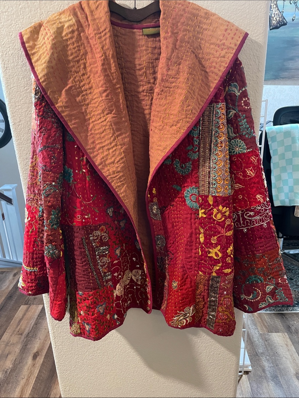 Red Patchwork Kantha Quilted Jacket with Embroidery XL-1X Kantha Jacket - Picture 3 of 15